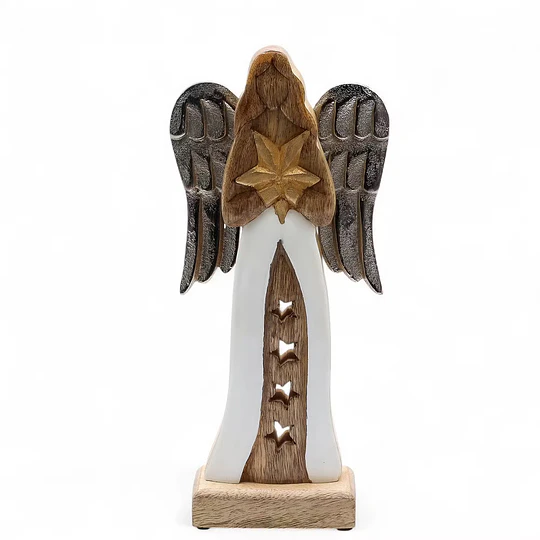 *NATAL* Anjo de madeira de manga com estrela 30 cm
