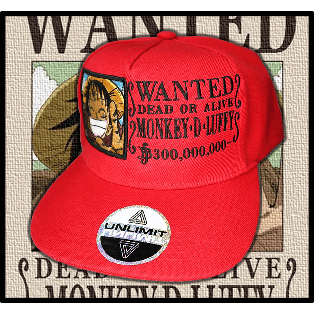 Luffy Wanted. Snapback bordado con relieve. One Piece.