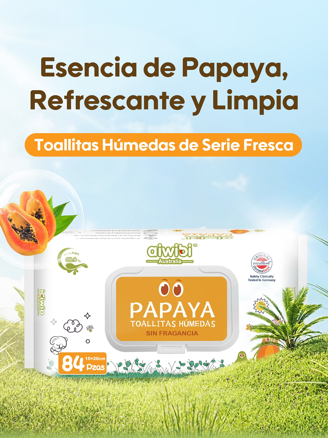 Toallitas húmedas 99.91% Agua con Extracto de Papaya  1