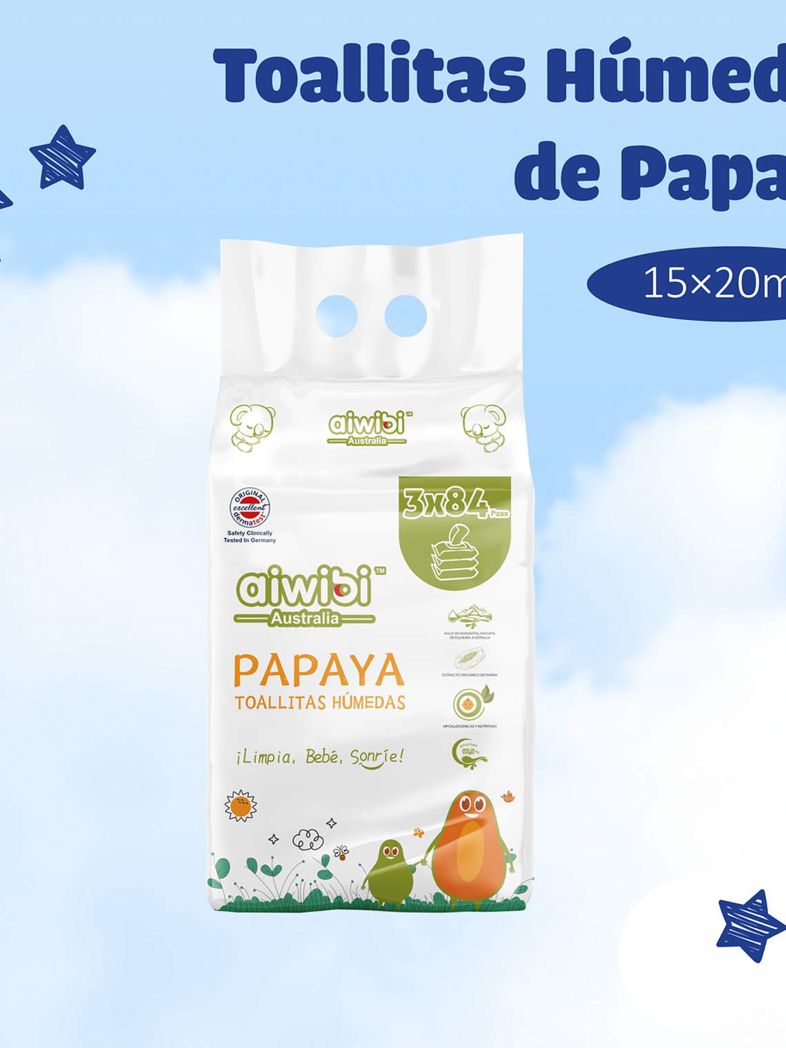 Toallitas húmedas 99.91% Agua con Extracto de Papaya  1