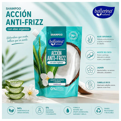 Shampoo Acción Anti-Frizz Aceite de Coco y Jazmín Ballerina 750 ml