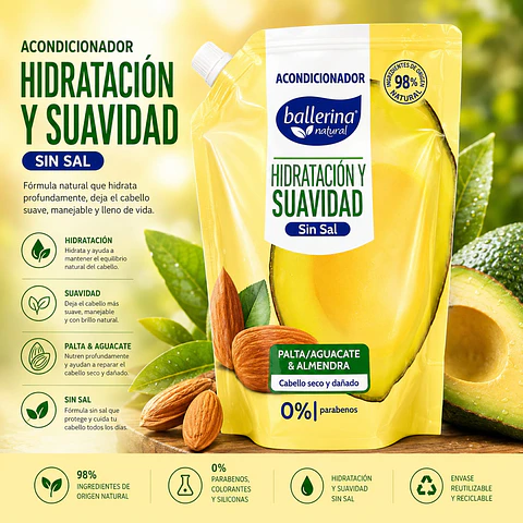 Acondicionador Hidratación y Suavidad sin Sal Palta y Almendra  Ballerina 750 ml