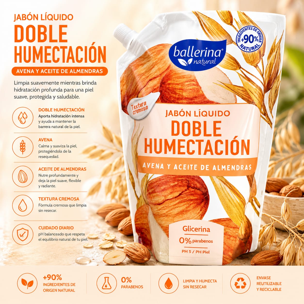 JABON LIQUIDO BALLERINA AVENA Y ACEITE DE ALMENDRAS DOYPACK 750 ML