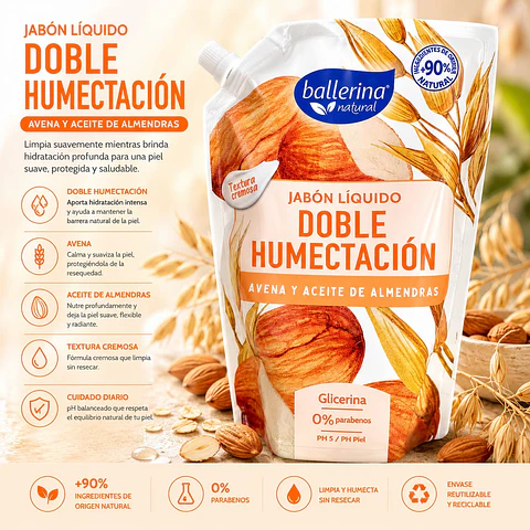 Jabón Líquido Doble Humectación Avena y Aceite de Almendras Ballerina  750 ml