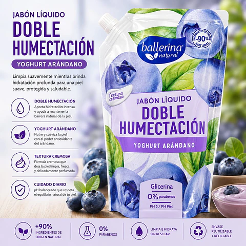 Jabón Líquido Doble Humectación Yogurth Arándanos Ballerina 750 ml