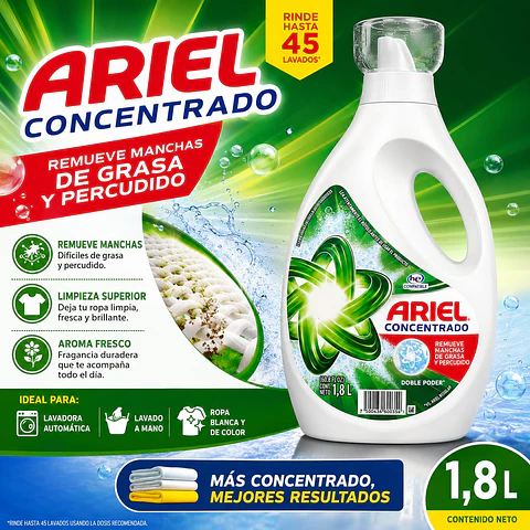 Detergente Líquido Doble Poder Concentrado Para Ropa Blanca Y de Color Botella Ariel 1,8 L