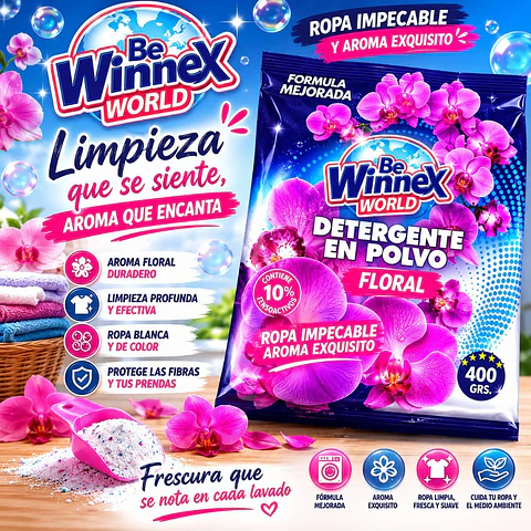 Detergente En Polvo Floral Be Winnex World 400 grs