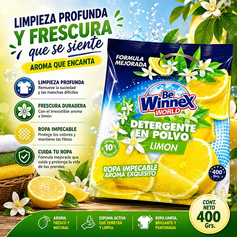 Detergente En Polvo Limon Be Winnex World 400 grs