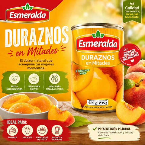 Duraznos en mitades Esmeralda lata 425 g neto - 235 g drenado