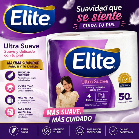 Papel Higiénico Doble Hoja Ultra Suave Elite 50 Metros, 4 Un