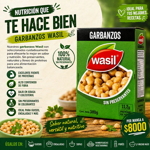 Garbanzos Listos Para Servir Wasil Drenado 230 g - Neto 380 g