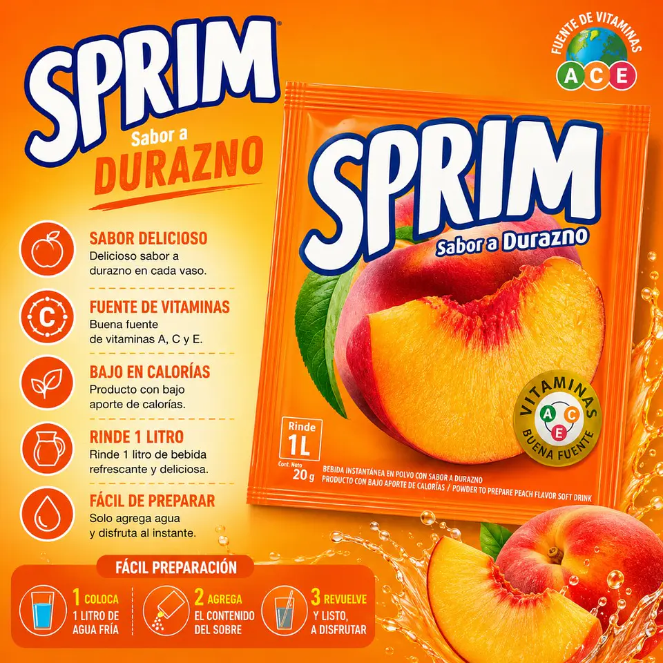 Jugo En Polvo Sabor Durazno Sprim 20 g 1