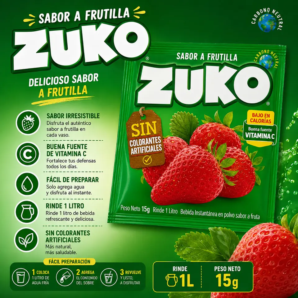 Jugo en Polvo Sabor Frutilla Zuko 15 g 1