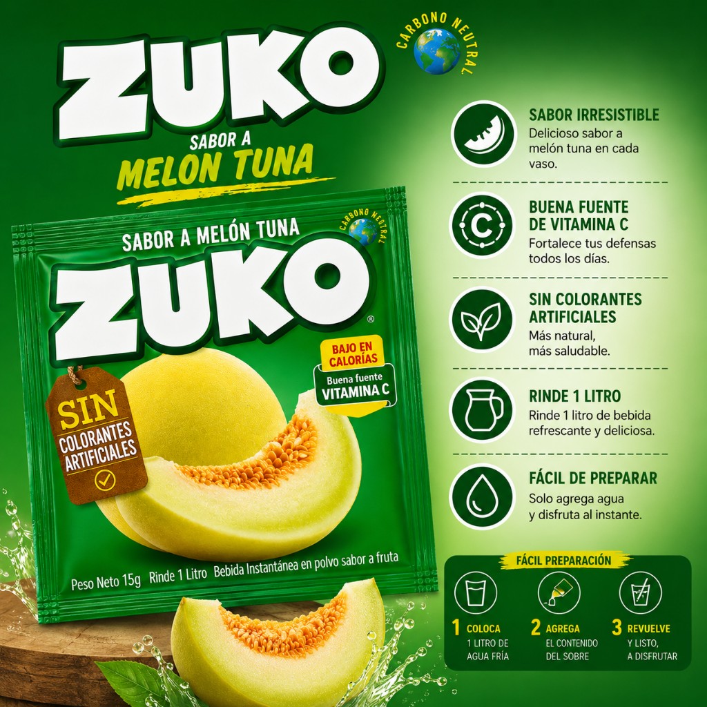 Jugo en Polvo Sabor Melón Tuna Zuko 15 g