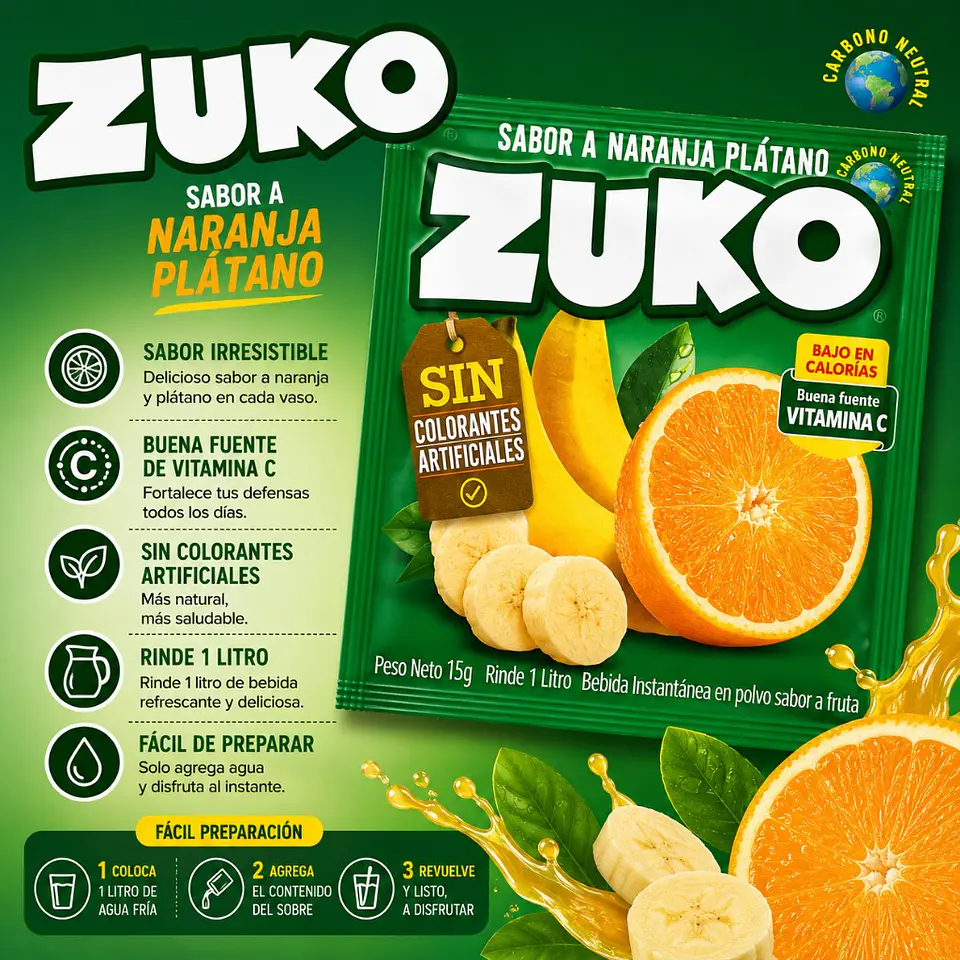 Jugo en Polvo Sabor Naranja Plátano Zuko 15 g 1