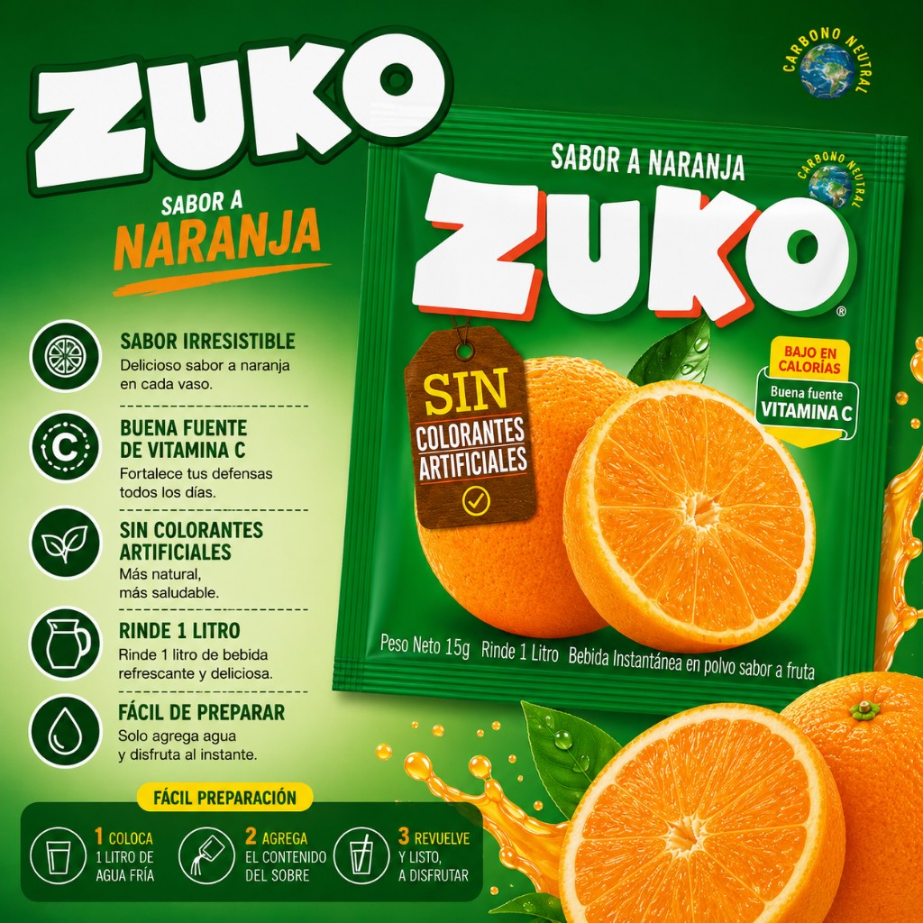 Jugo en Polvo Sabor Naranja Zuko 15 g