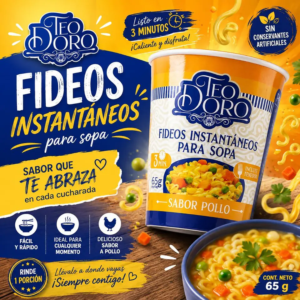 Pasta Fideos Instantáneos Teodoro Sabor Pollo 65g 1