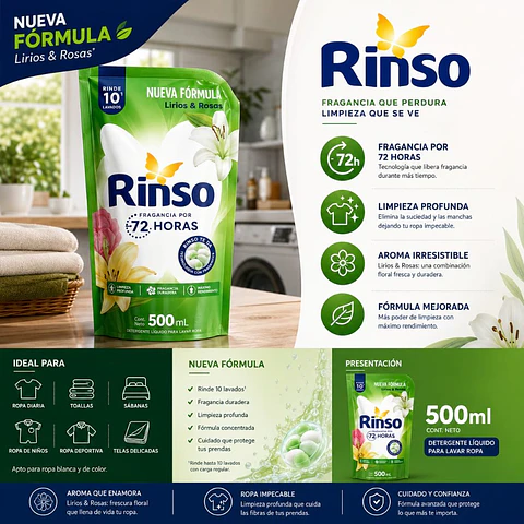 Detergente Líquido Lirios y Rosas Rinso 500ml 