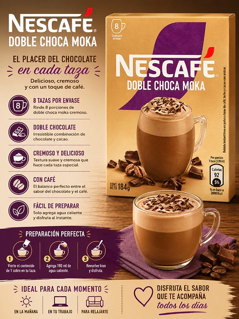 Café Instantáneo Nescafé Doble Choca Moka Caja 8 un, 184g