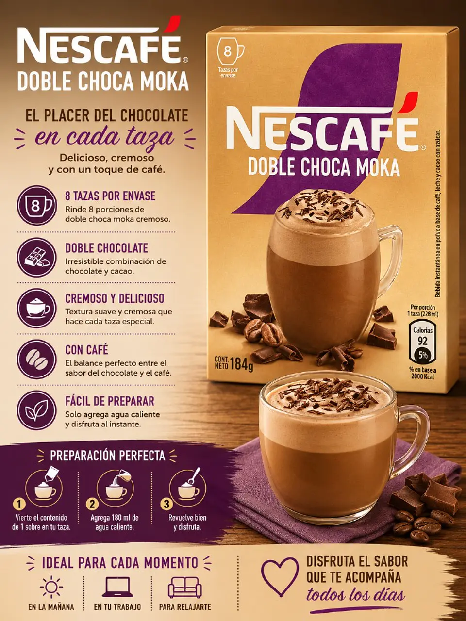 Café Instantáneo Nescafé Doble Choca Moka Caja 8 un, 184g 1