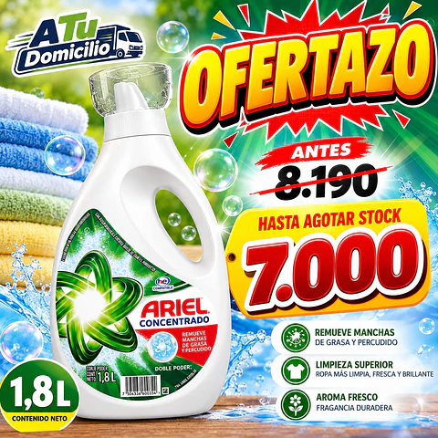 Detergente Líquido Doble Poder Concentrado Para Ropa Blanca Y de Color Botella Ariel 1,8 L