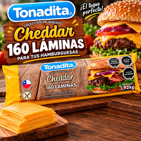 Queso Cheddar Laminado Tonadita 160 Láminas 1,92 kg