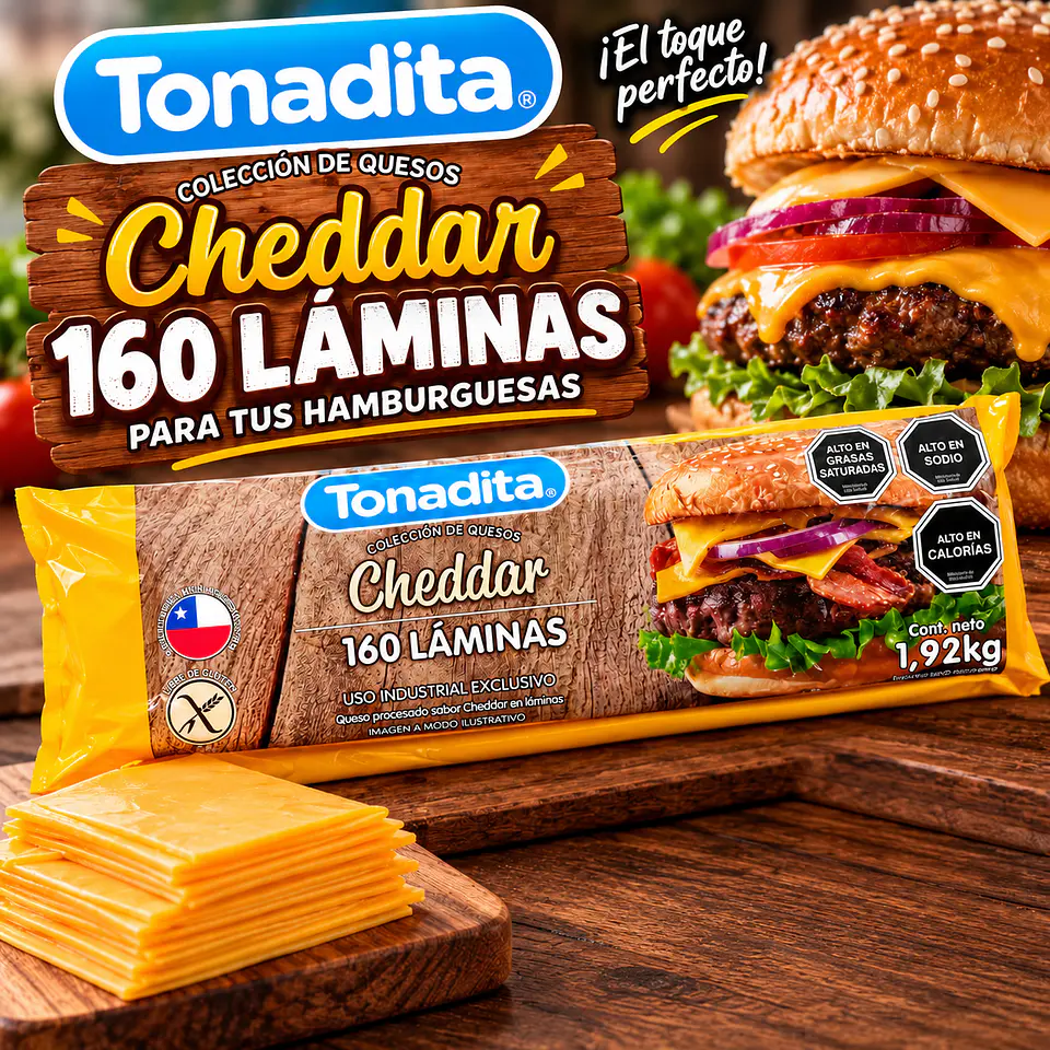 Queso Cheddar Laminado Tonadita 160 Láminas 1,92 kg 1