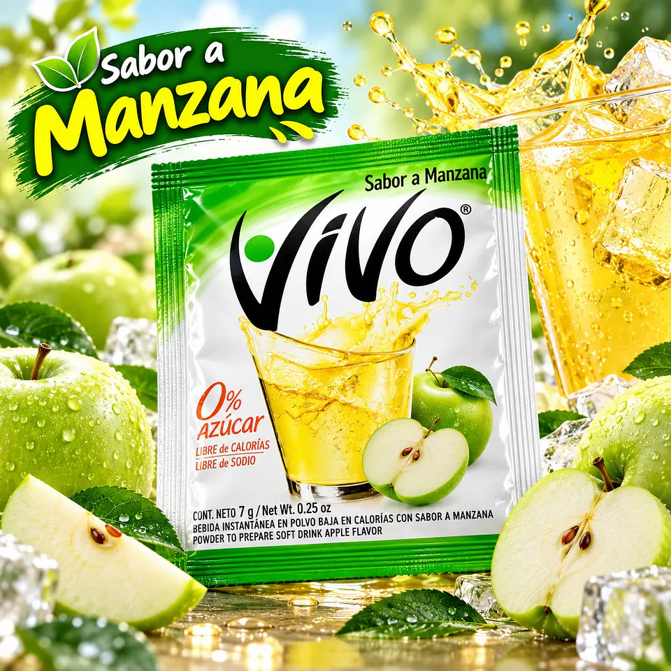 Jugo en Polvo Libre de Azúcar Sabor Manzana Vivo 7 g 1