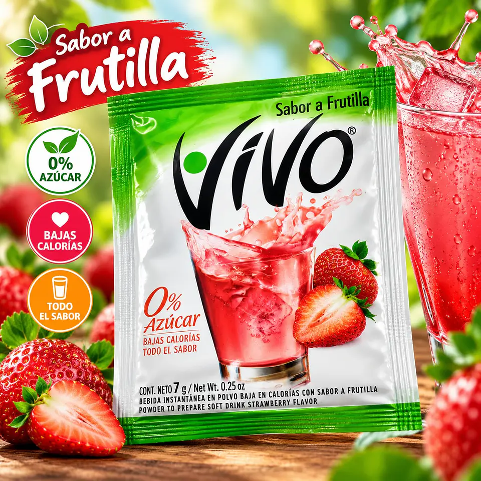 Jugo en Polvo Libre de Azúcar Sabor Frutilla Vivo 7 g 1