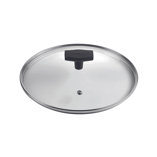 Tapa Vidrio Templado Borde Acero Inox c/Agujero de Vapor 28cm 