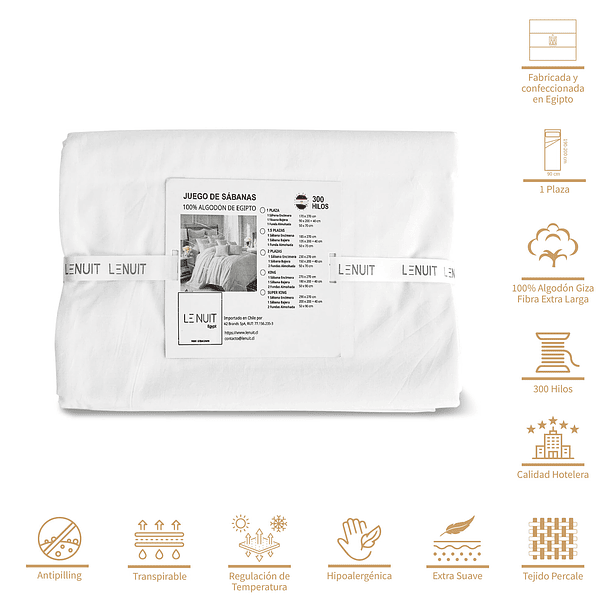 Sábanas 1 Plaza Algodón Giza Percale Egipcio 300 Hilos  Liso Blanco 2