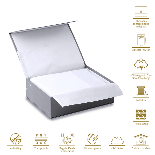 Sábanas 2 Plazas Algodón Egipcio 600 Hilos Liso Blanco 2