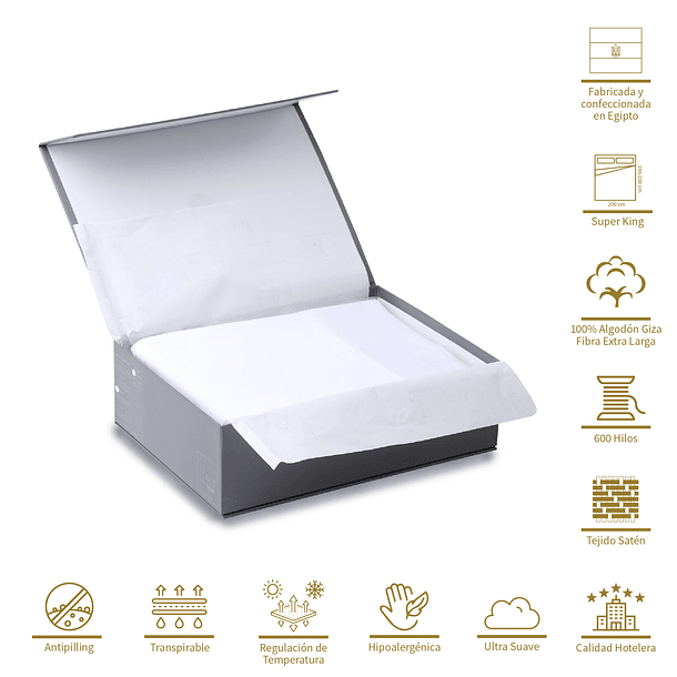 Sábanas Super King Algodón Egipcio 600 Hilos Liso Blanco 2