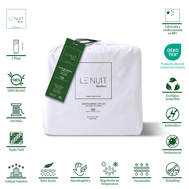 2 Sábanas 1 Plaza 100% Bambú 230 Hilos Essentials Liso Blanco 2