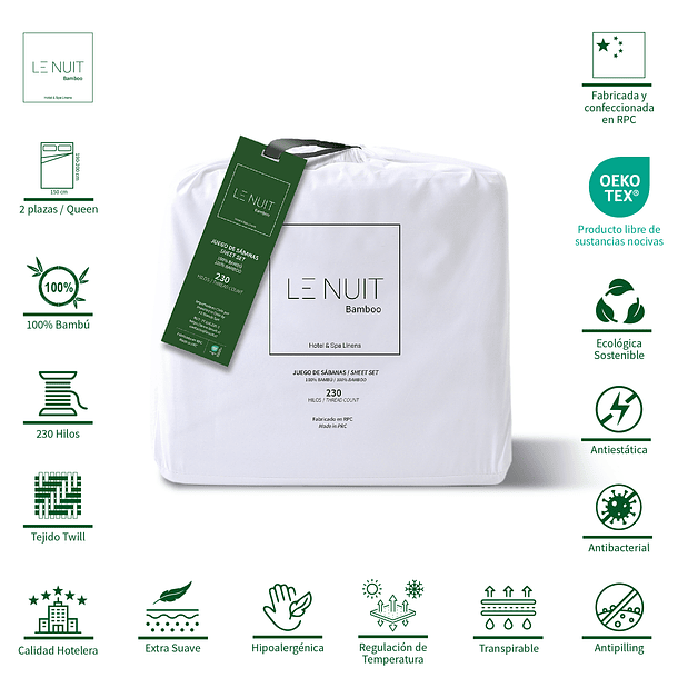 Sábanas 2 Plazas 100% Bambú Tewill  230 Hilos Essentials Liso Bco Le Nuit 2