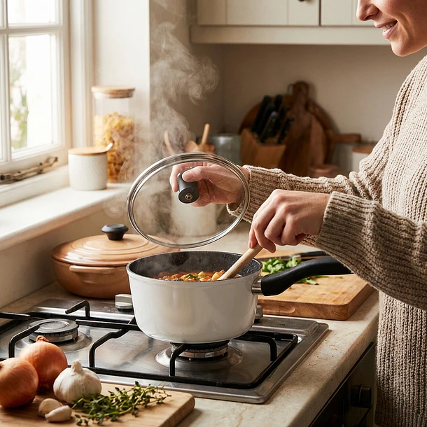 Tapa Vidrio Templado Borde Acero Inox c/Agujero de Vapor 16cm 2