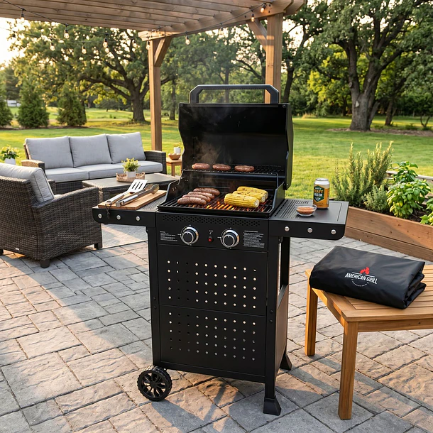 Set Parrilla Gas 2 Quemadores Vermont Black + Funda XS 8