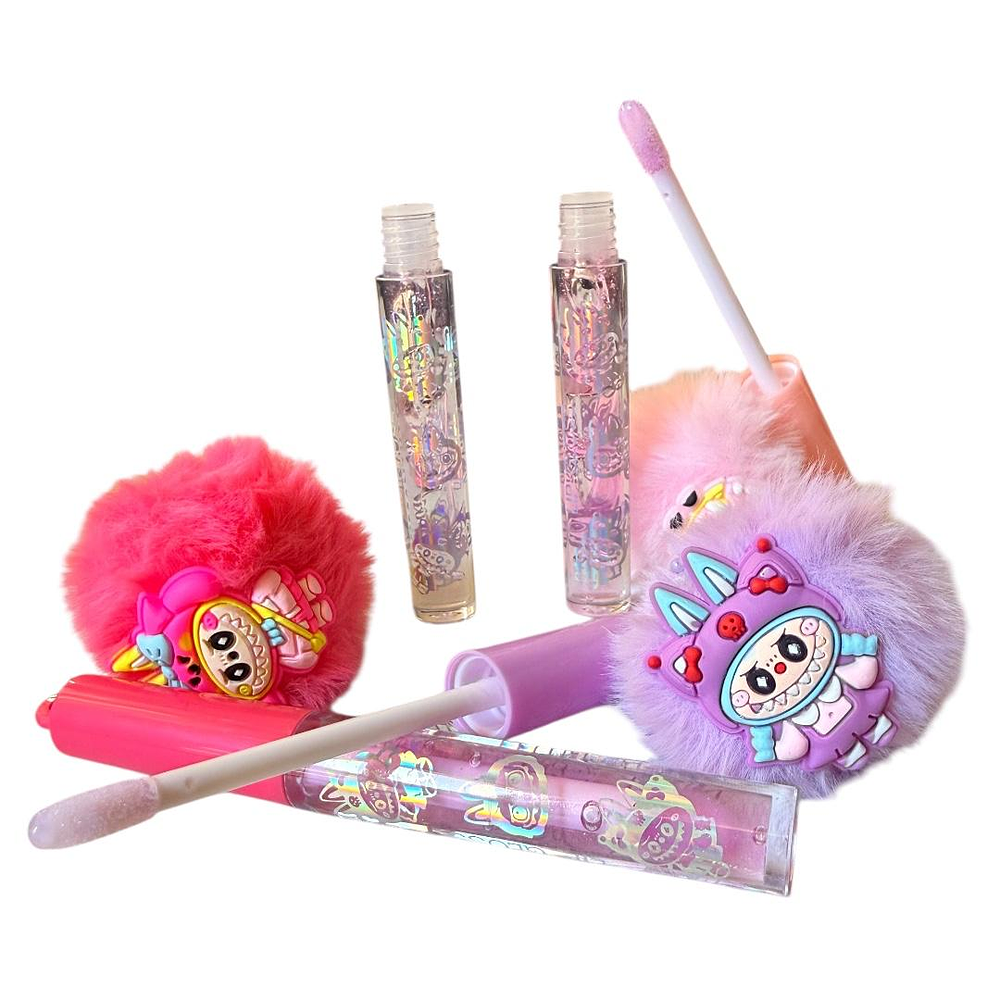 labial gloss magico impermeable con llavero pompon labubu