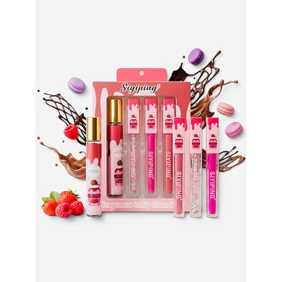 set de perfume de cartera y mas 3 brillos labiales 