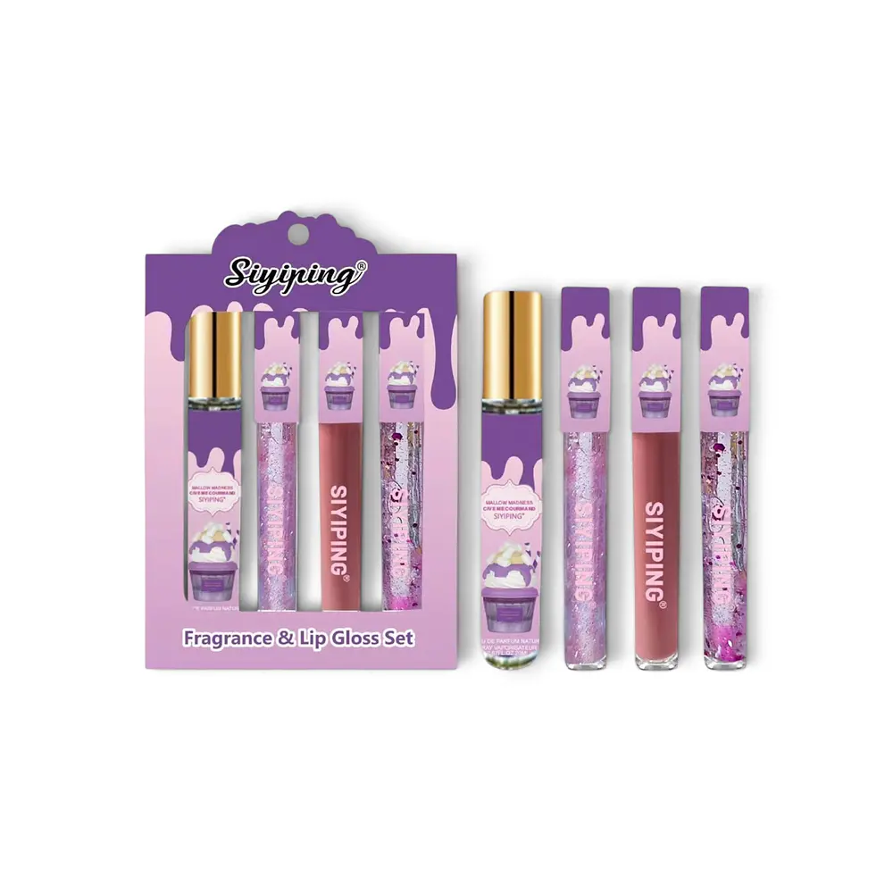 set de perfume de cartera y mas 3 brillos labiales 
