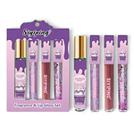 set de perfume de cartera y mas 3 brillos labiales 