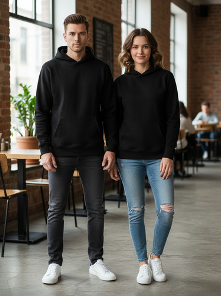 Polerón Negro Unisex Clásico Con Capucha Y Bolsillo Canguro 1