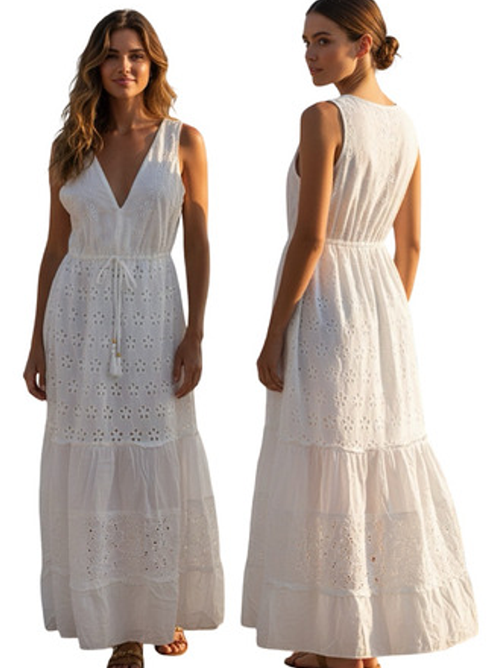 Vestido Largo Blanco Con Detalles Artísticos Estilo India 8