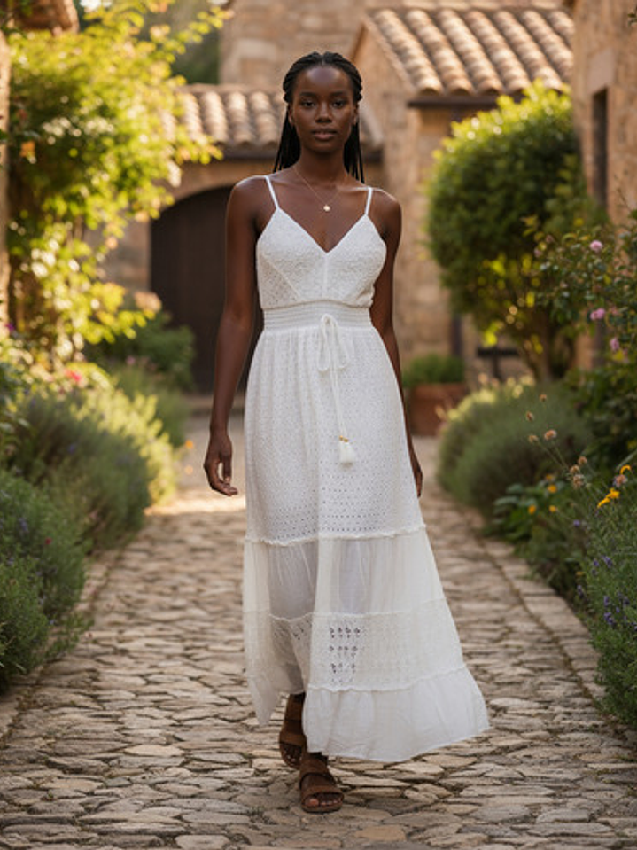 Vestido Largo Blanco Con Detalles Artísticos Estilo India 9