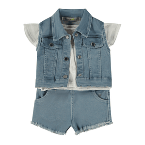 Conjunto de ganga calção, t-shirt e colete