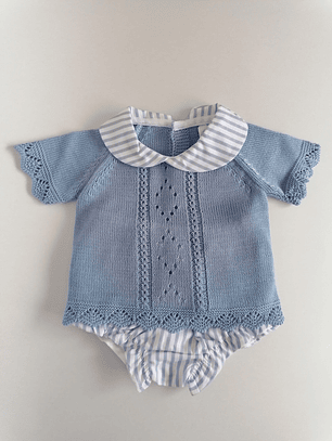 Conjunto bebé malha com gola e fofo às riscas