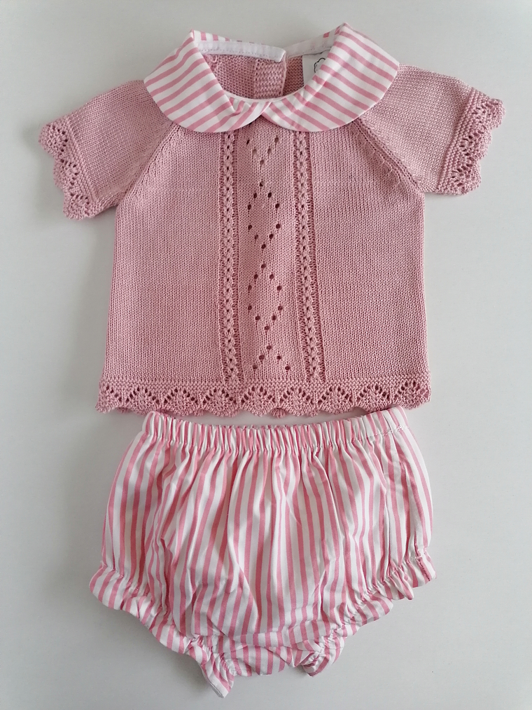 Conjunto bebé malha com gola e fofo às riscas 5