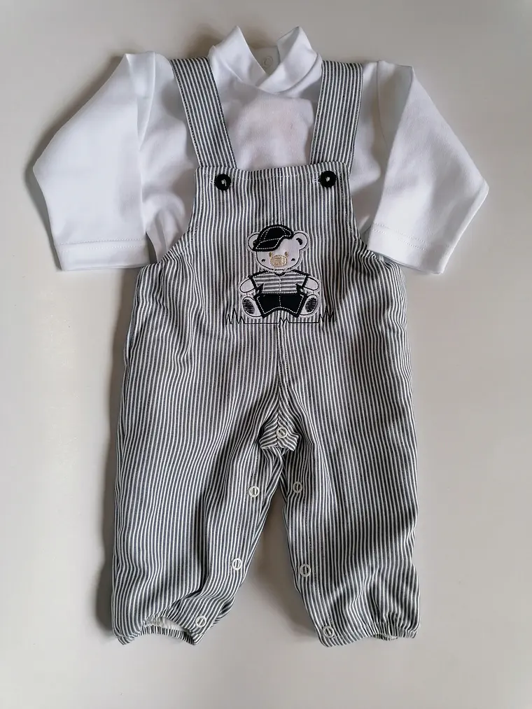 Jardineira para Bebé 6 Meses com Camisola Branca e Ursinho Bordado 1