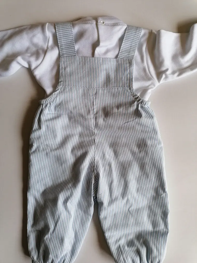 Jardineira Bebé 3 Meses Azul Riscas com Camisola Branca e Ursinhos 1