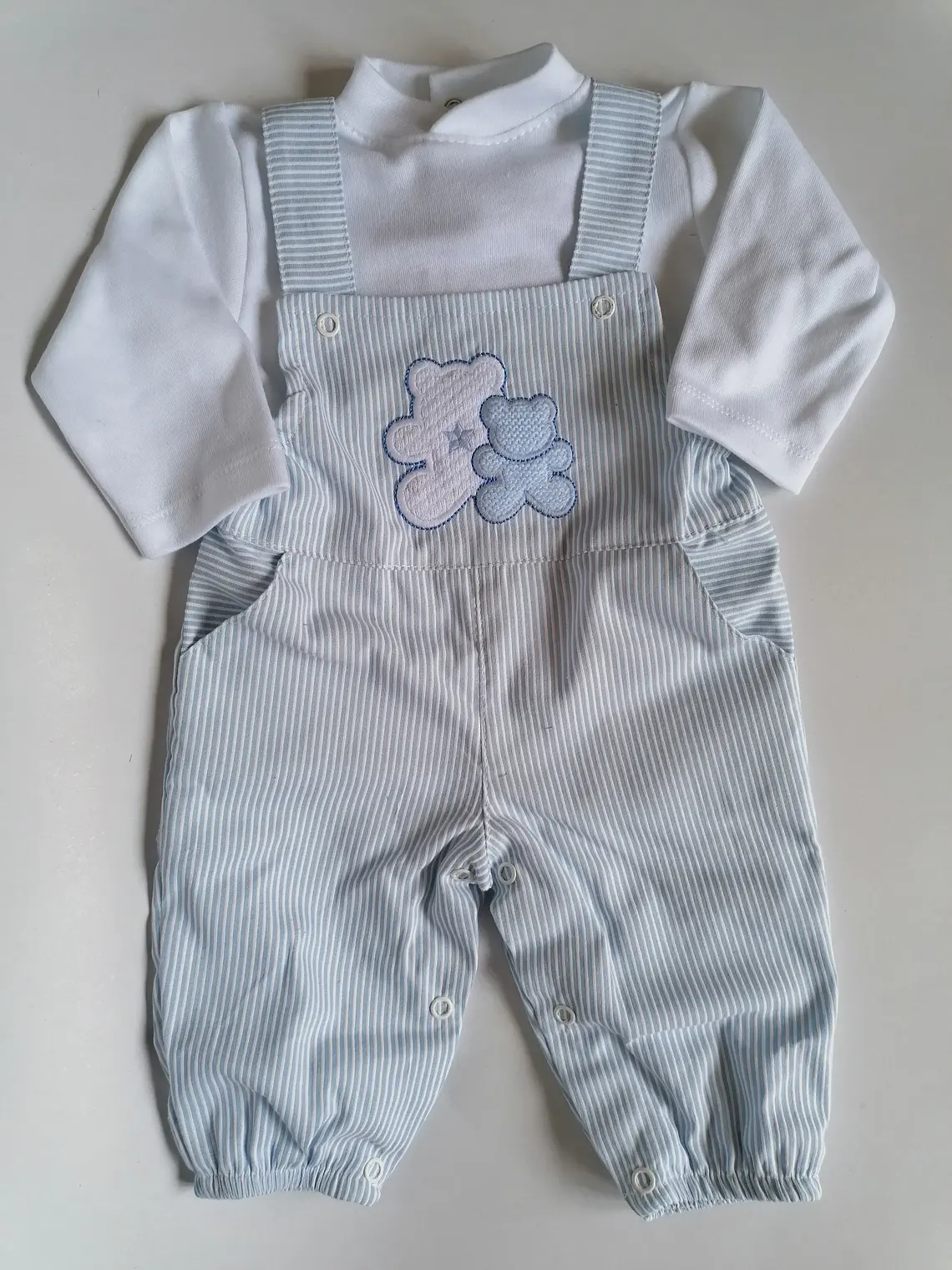 Jardineira Bebé 3 Meses Azul Riscas com Camisola Branca e Ursinhos 3
